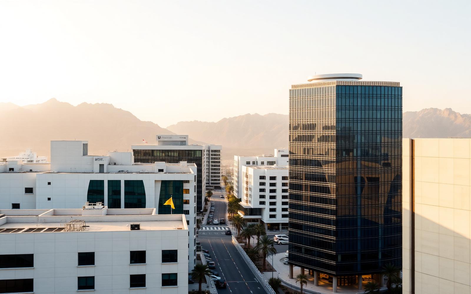 Muscat modern business district against the Hajar mountains