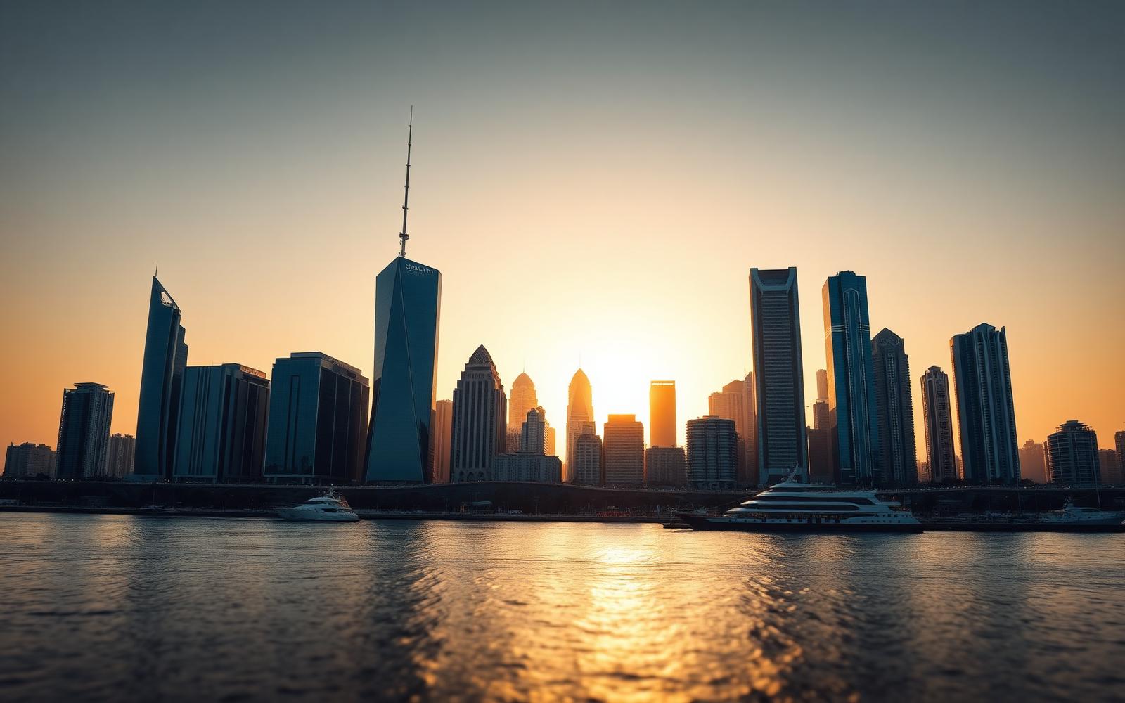 Kuwait City skyline with Al Hamra Tower at golden hour
