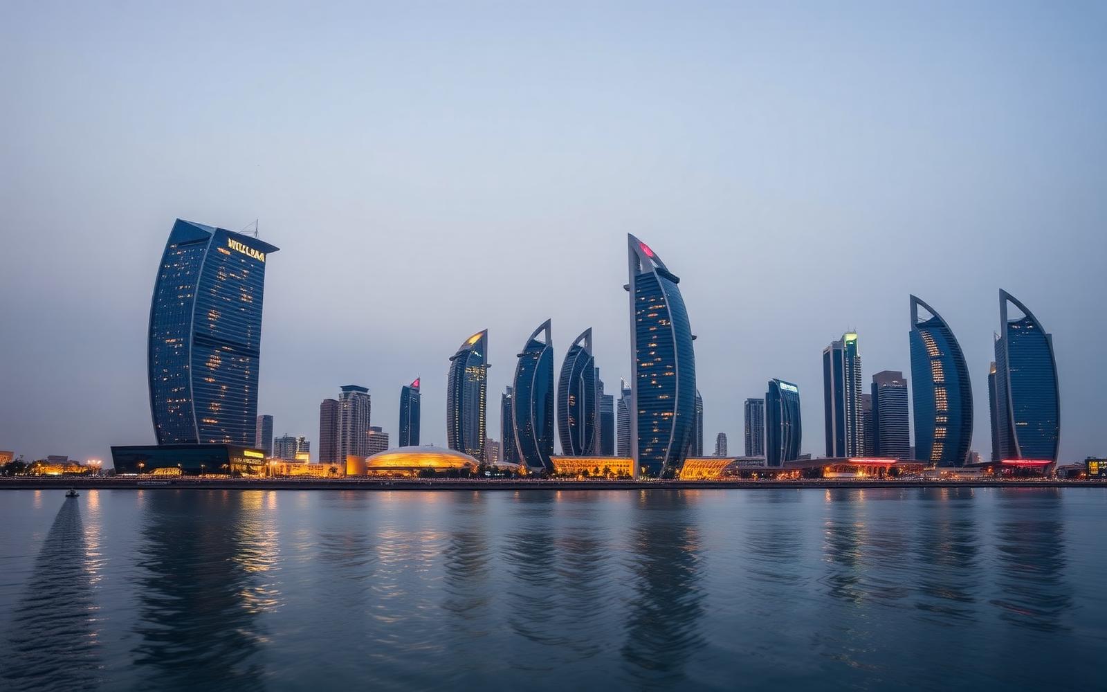 Doha West Bay financial district skyline at dusk