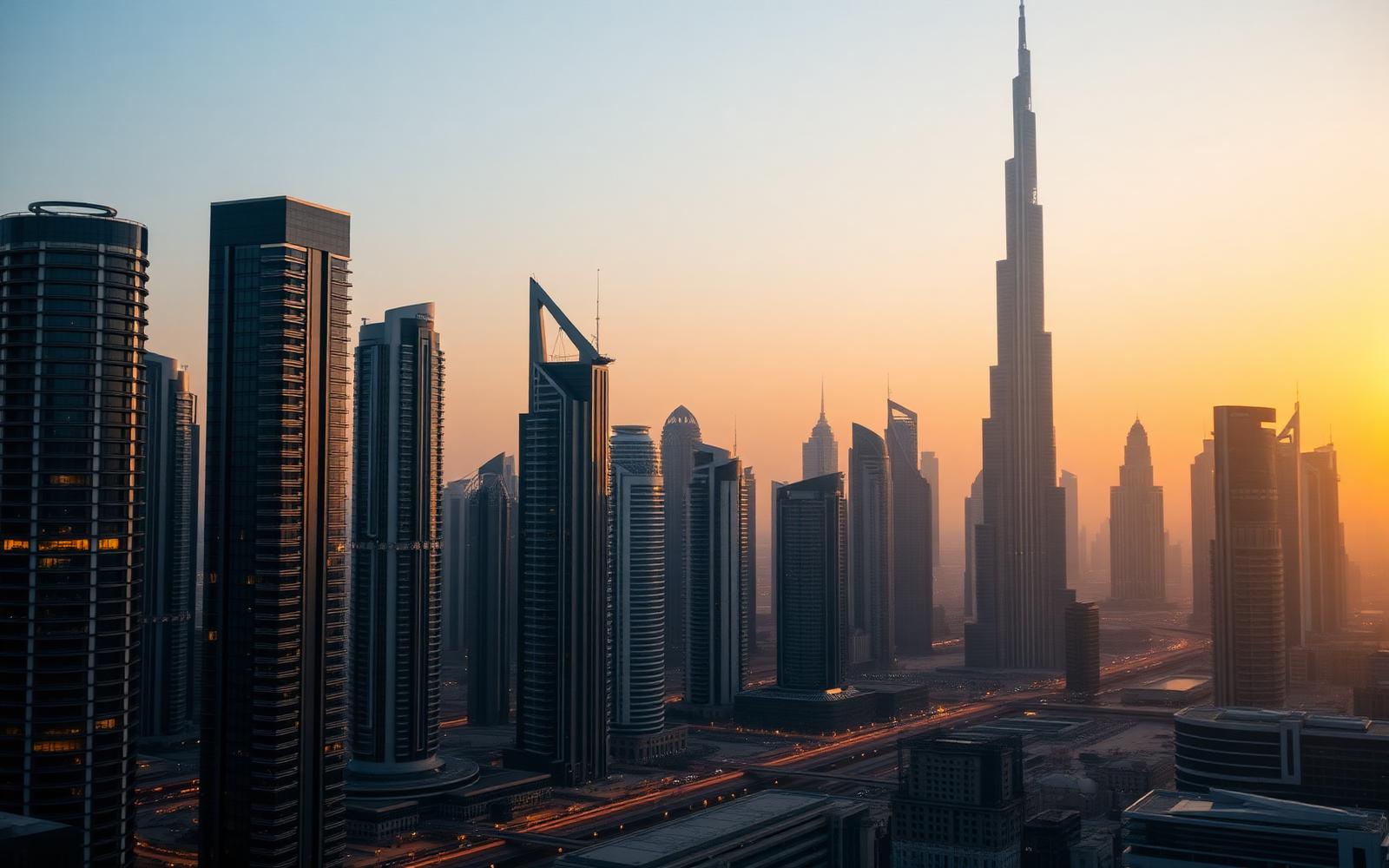 Dubai skyline with Burj Khalifa at golden hour